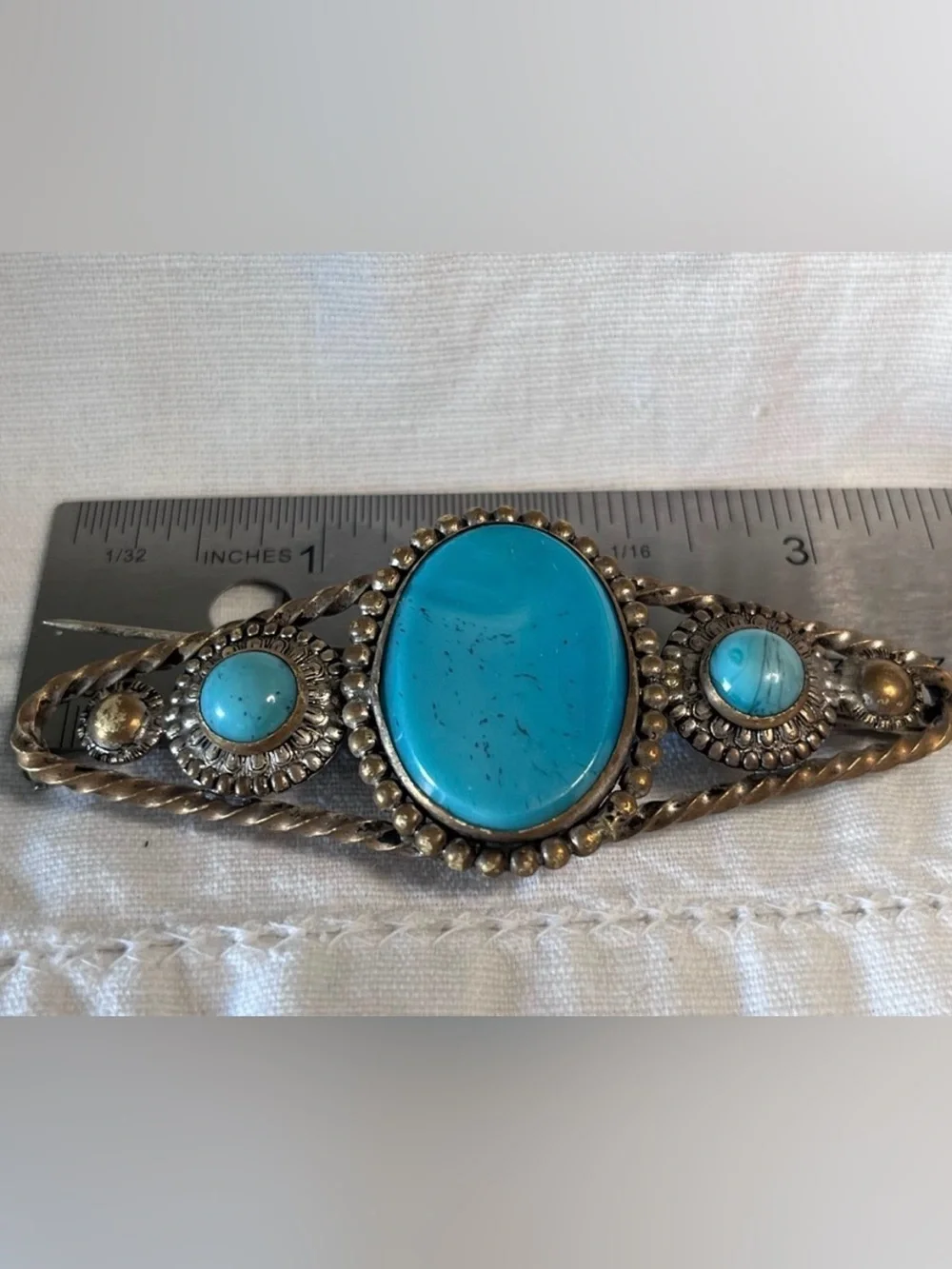 Vintage Southwestern Turquoise Blue Cabochon Silver Tone Brooch Pin, oval